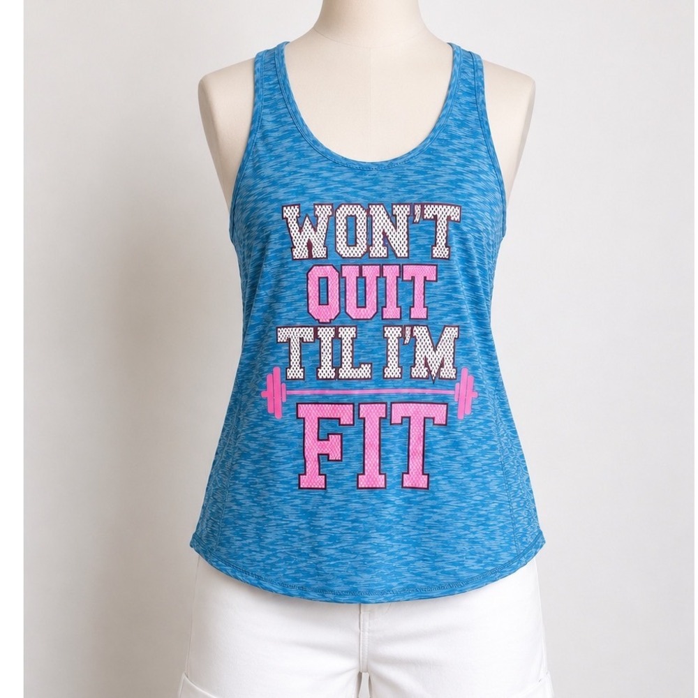 EVCR Womens Blue Space Dye Wont Quit Til Im Fit Graphic Workout Tank Top XL